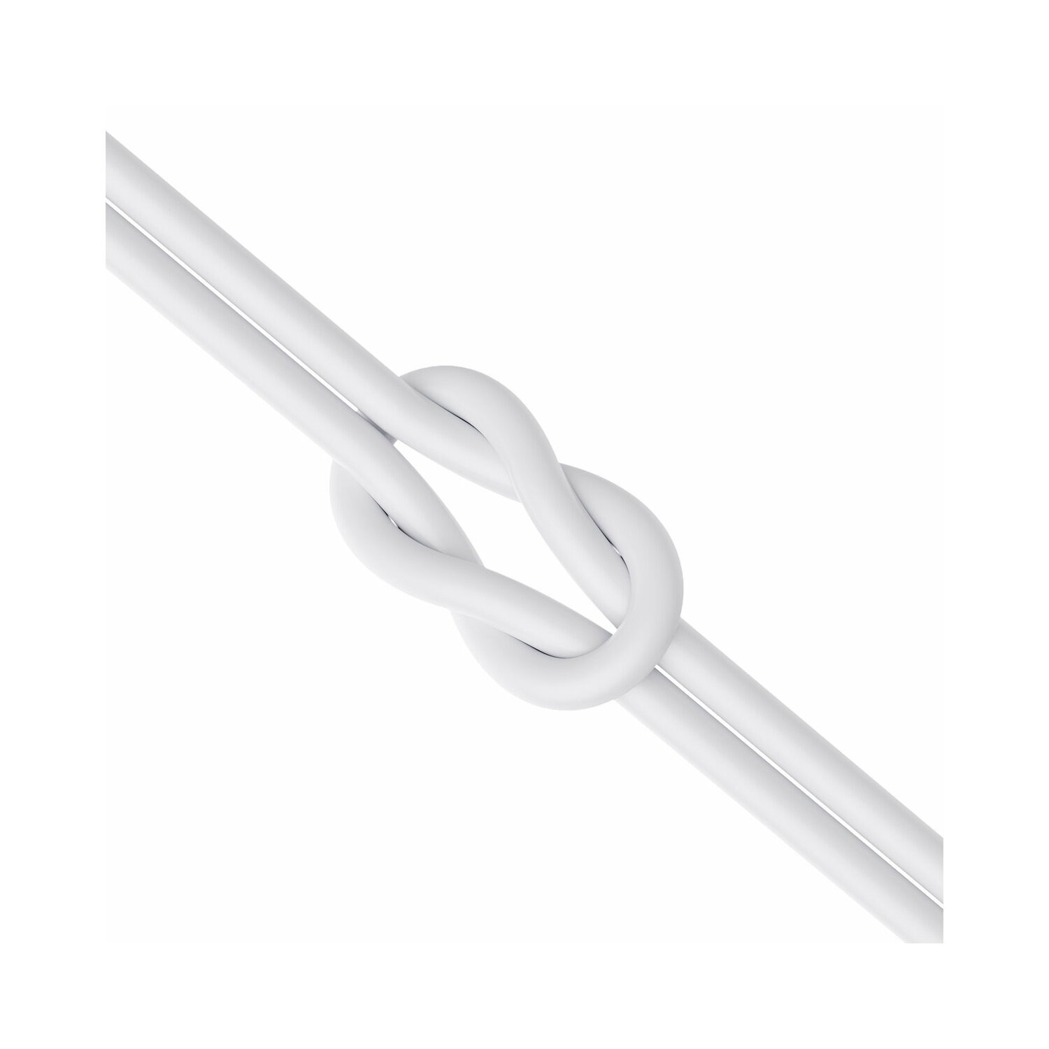 Dwa białe kable są zawiązane w węzeł na białym tle.