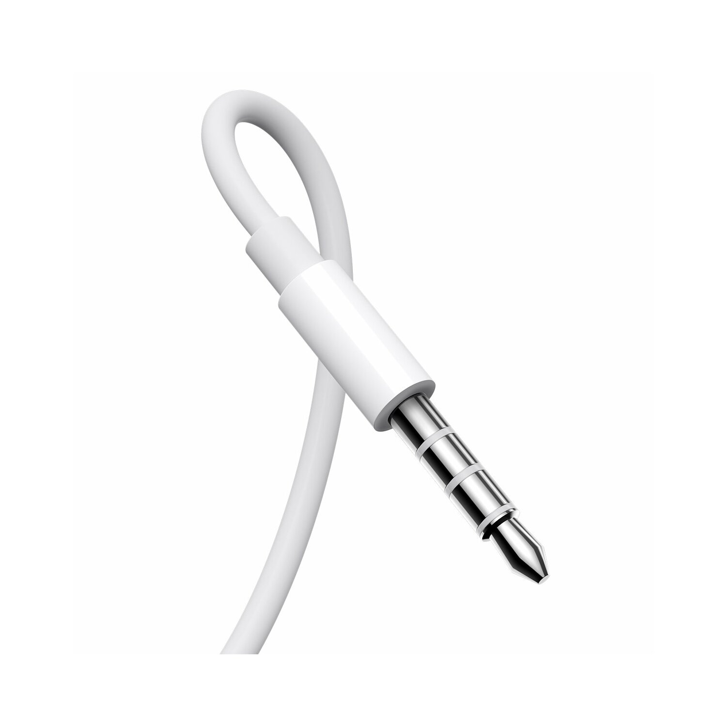 Biały kabel z wtyczką audio ze srebrną końcówką. Kabel jest zakrzywiony.