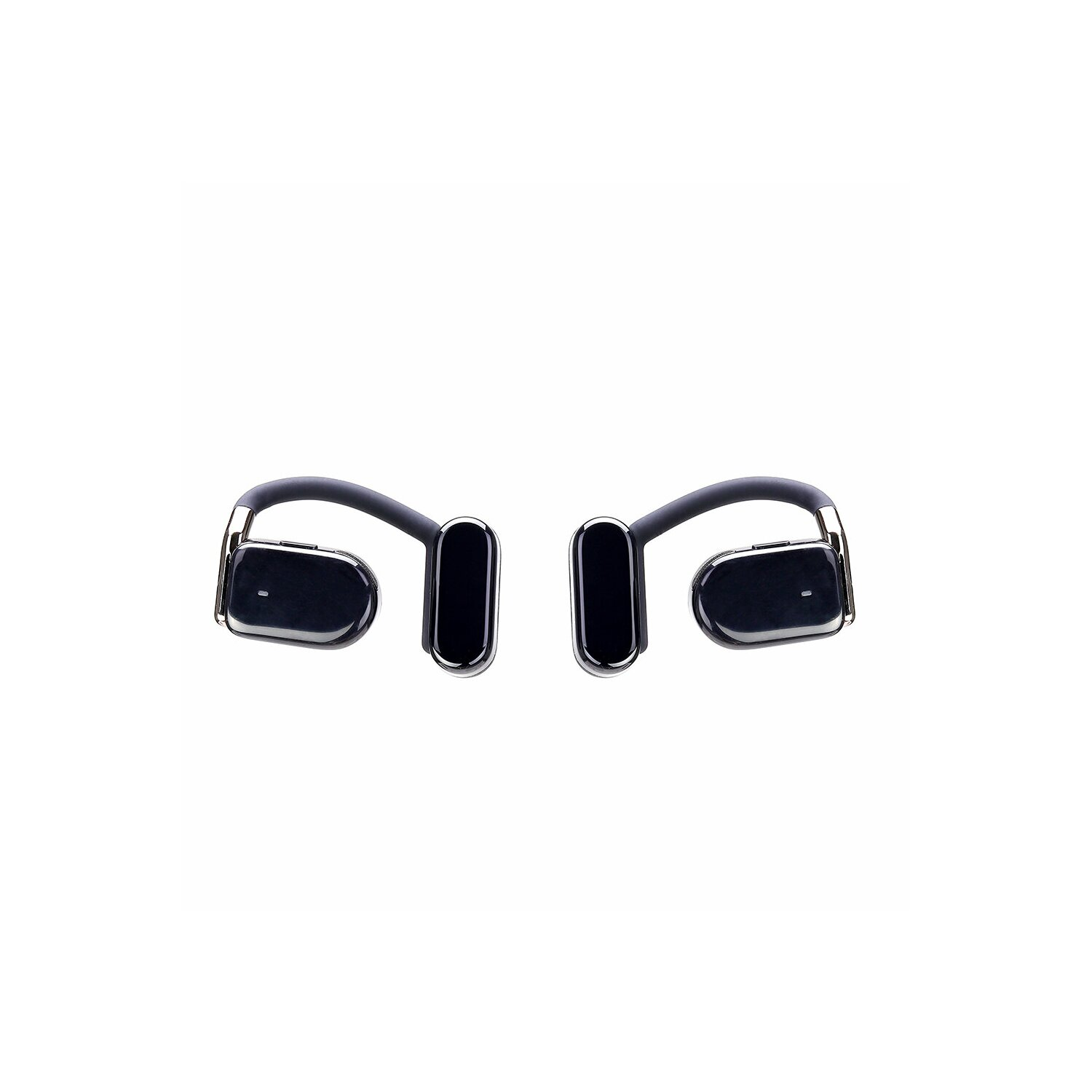Twee zwarte bone-conduction hoofdtelefoons. Het ontwerp is minimalistisch tegen een witte achtergrond.