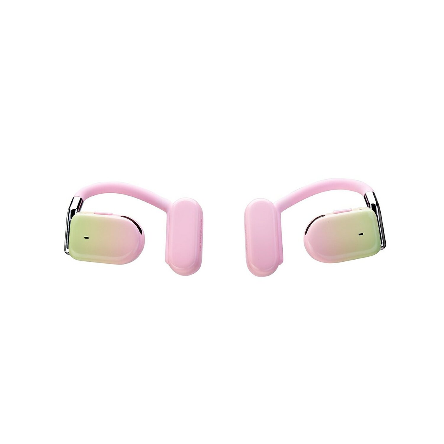Cuffie a conduzione ossea rosa e verdi. Sono appoggiate su una superficie bianca.