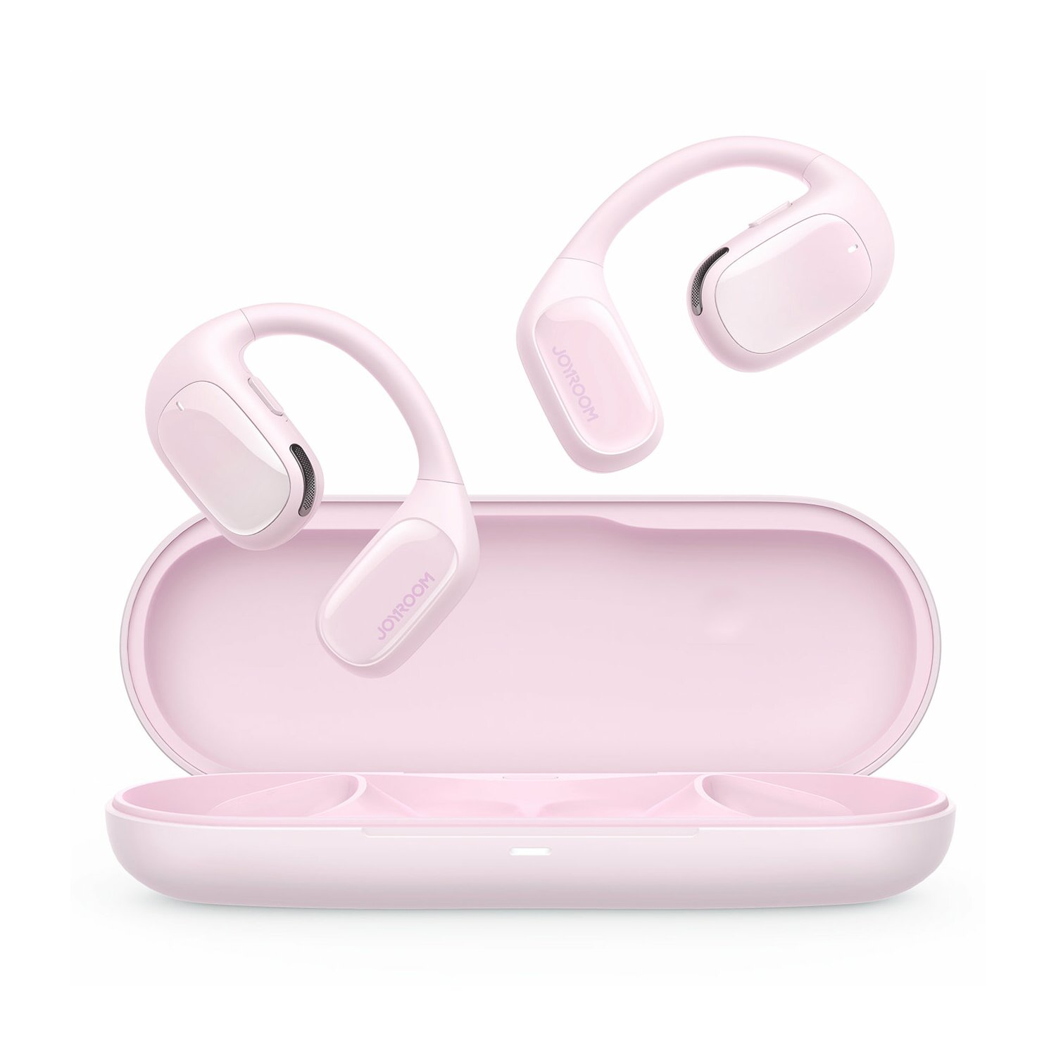 Cuffie wireless rosa con custodia di ricarica. Le cuffie sono di tipo open-ear.