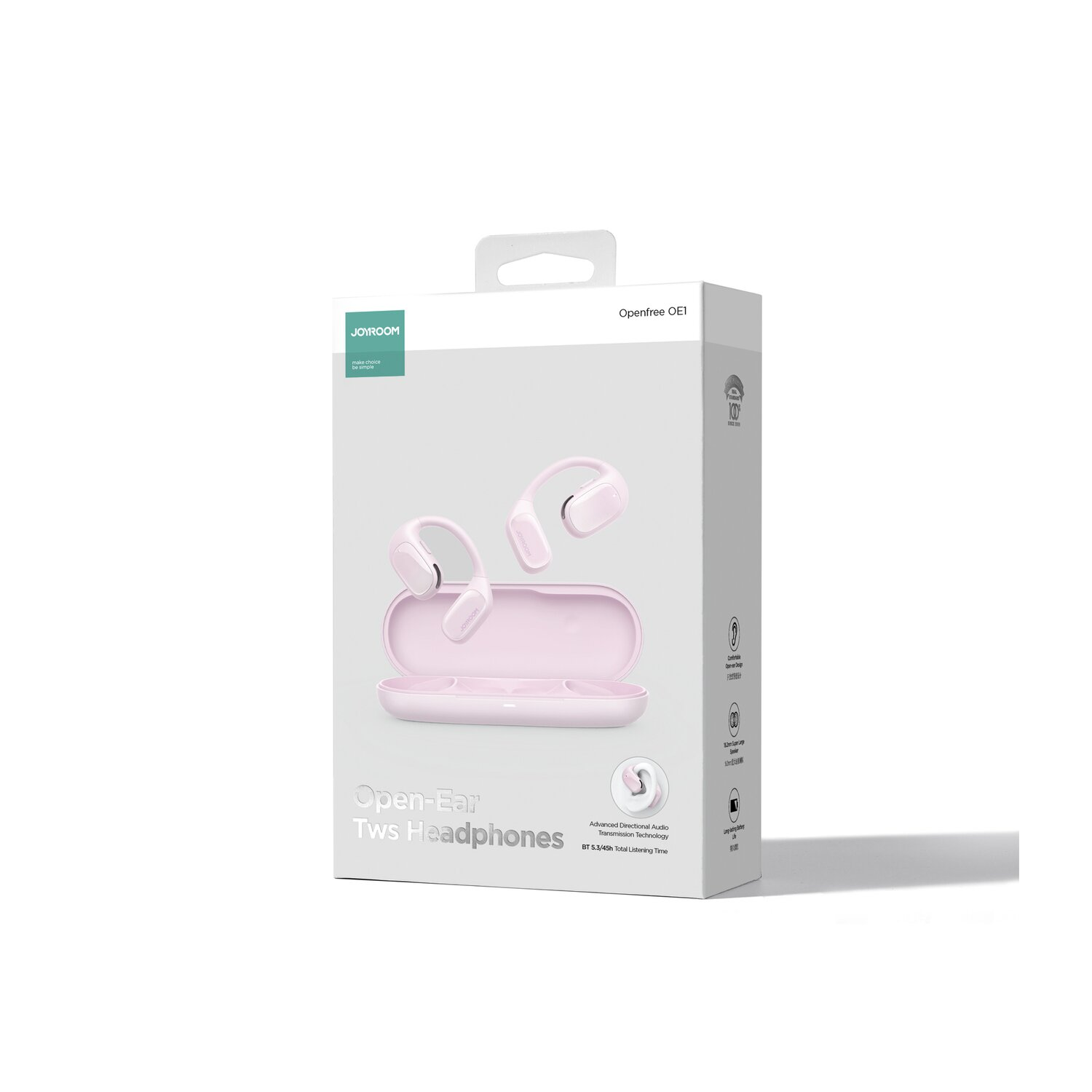 Una scatola rosa con all'interno cuffie TWS rosa open-ear.