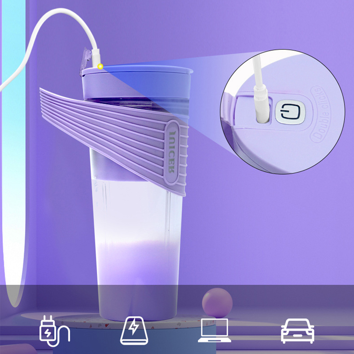 Ein lila Mixer mit weißer Flüssigkeit, einem Ladekabel und Ladesymbolen.