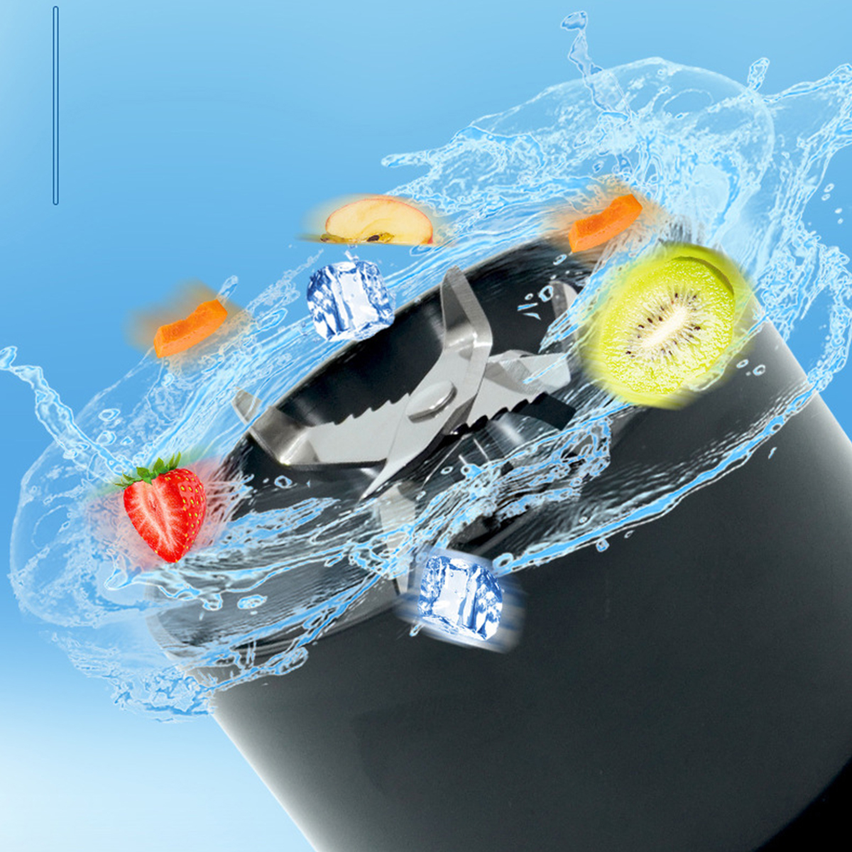 Mixer mit Früchten und Eiswürfeln in Wasserspritzern.