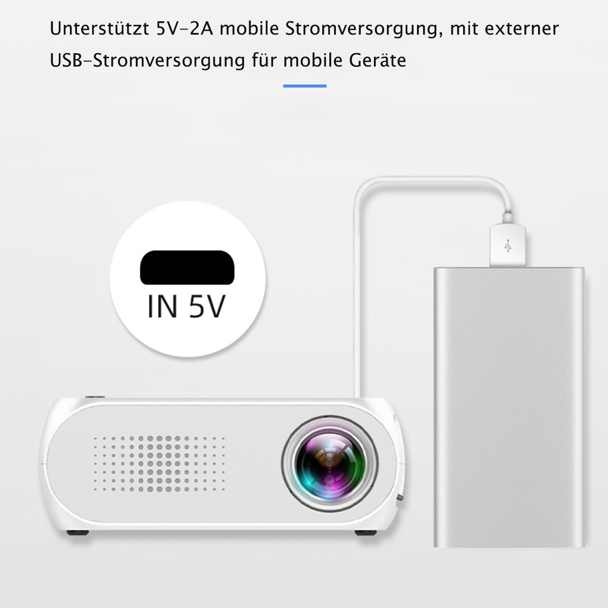 Weißer Projektor, verbunden mit einer silbernen Powerbank per USB-Kabel.