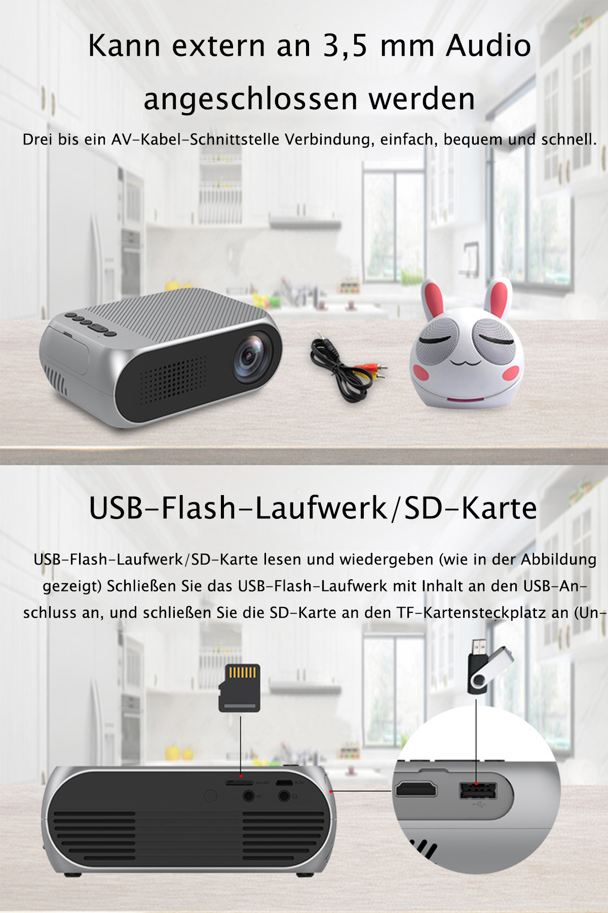 Ein Projektor mit Zubehör und Text auf Deutsch. Das Bild zeigt einen Projektor, Lautsprecher und Kabel auf einem Tisch.