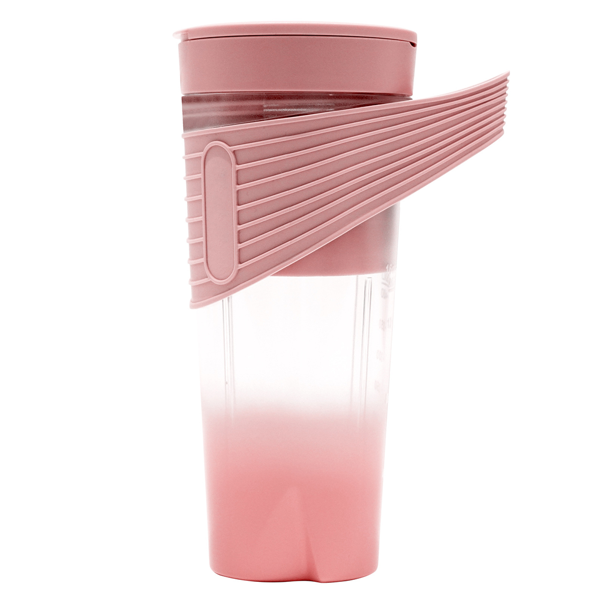 Pinker Smoothie-Maker mit durchsichtigem Becher, pinkem Deckel und fächerartiger Struktur.
