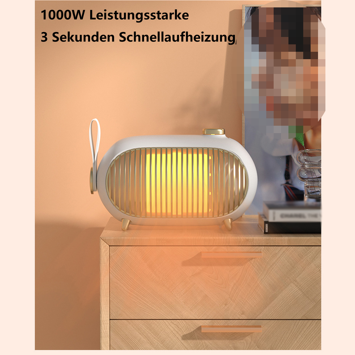 Calentador eléctrico blanco y dorado sobre mueble de madera. Texto: 1000W, calentamiento rápido en 3 segundos.