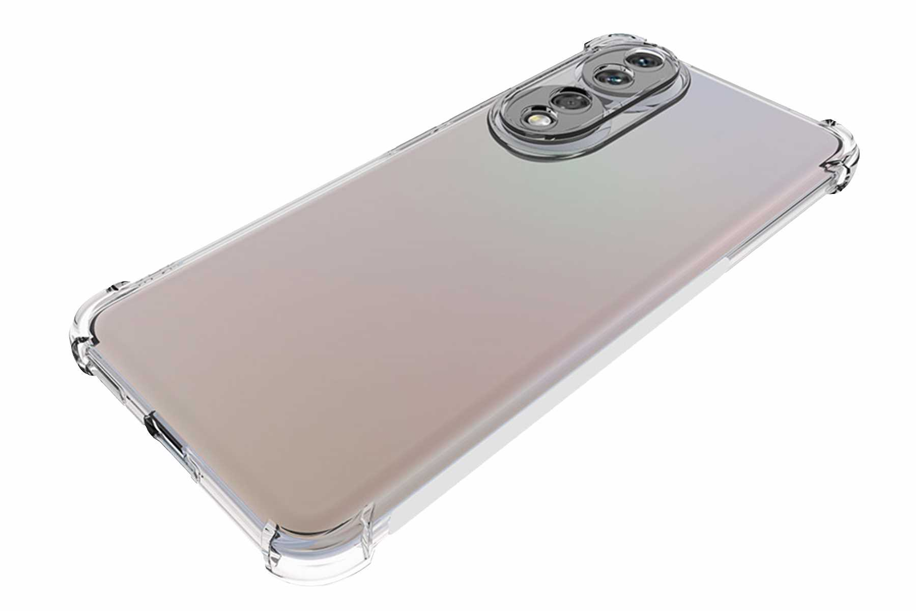 Ein Telefon mit einer transparenten Hülle. Das Telefon hat eine Dreifachkamera.