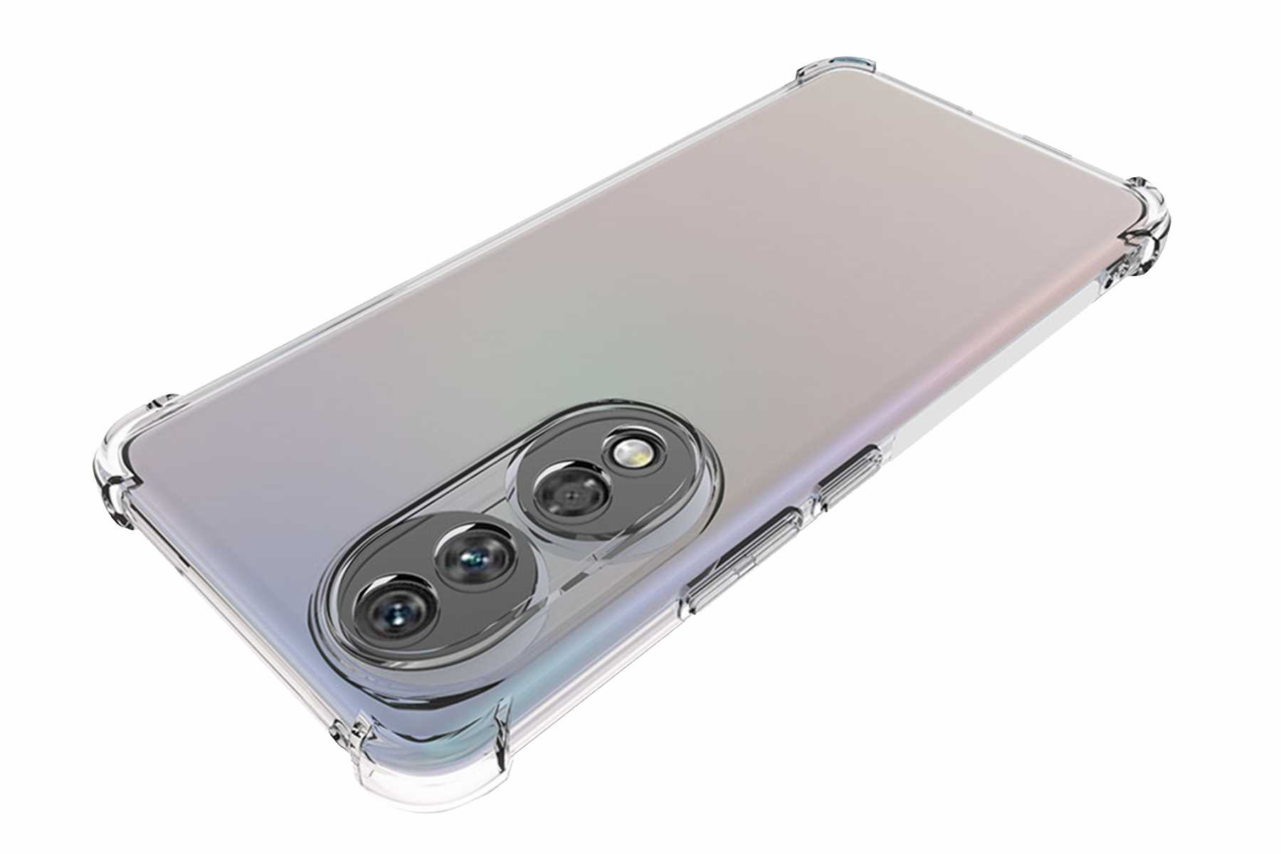 Ein Smartphone in einer durchsichtigen Hülle, abgewinkelt, zeigt die Kameras auf der Rückseite und die Kanten der Hülle.