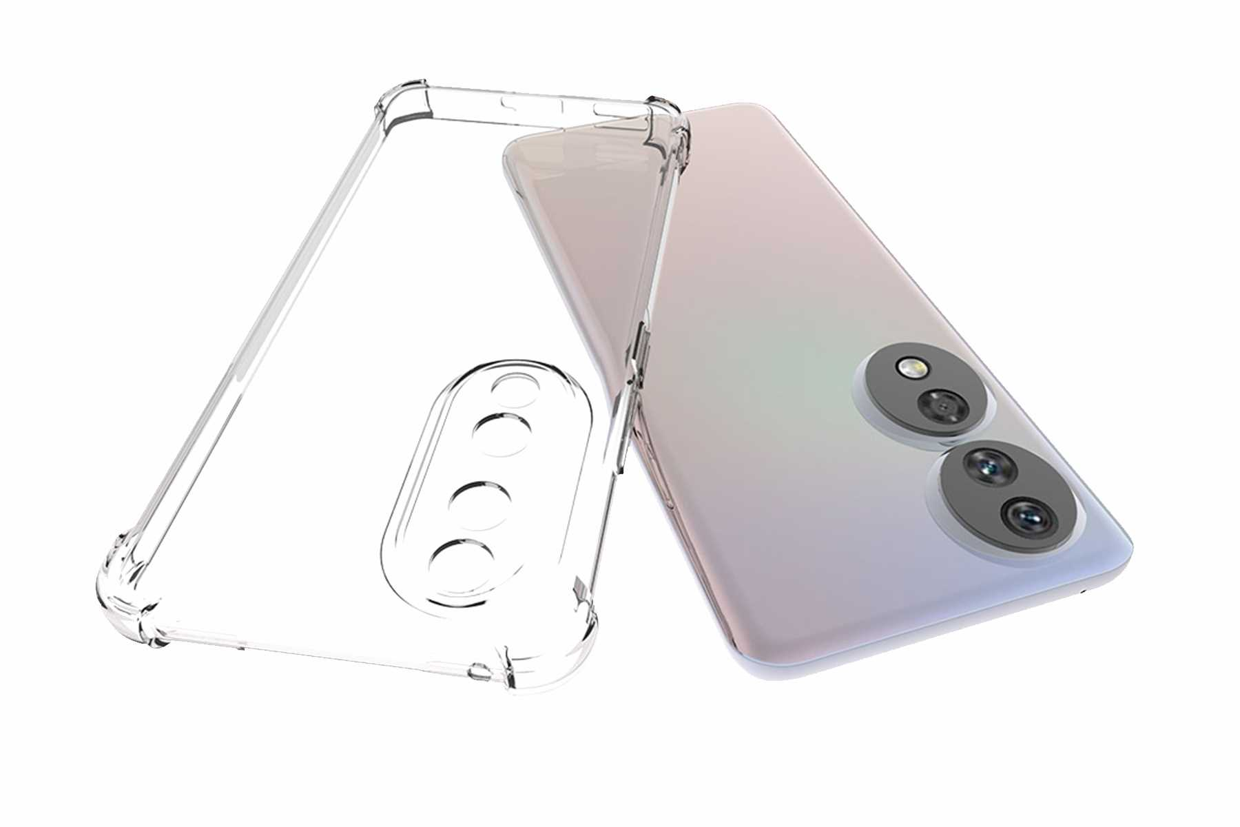 Eine transparente Handyhülle neben einem Handy mit Kameras. Die Hülle ist transparent.