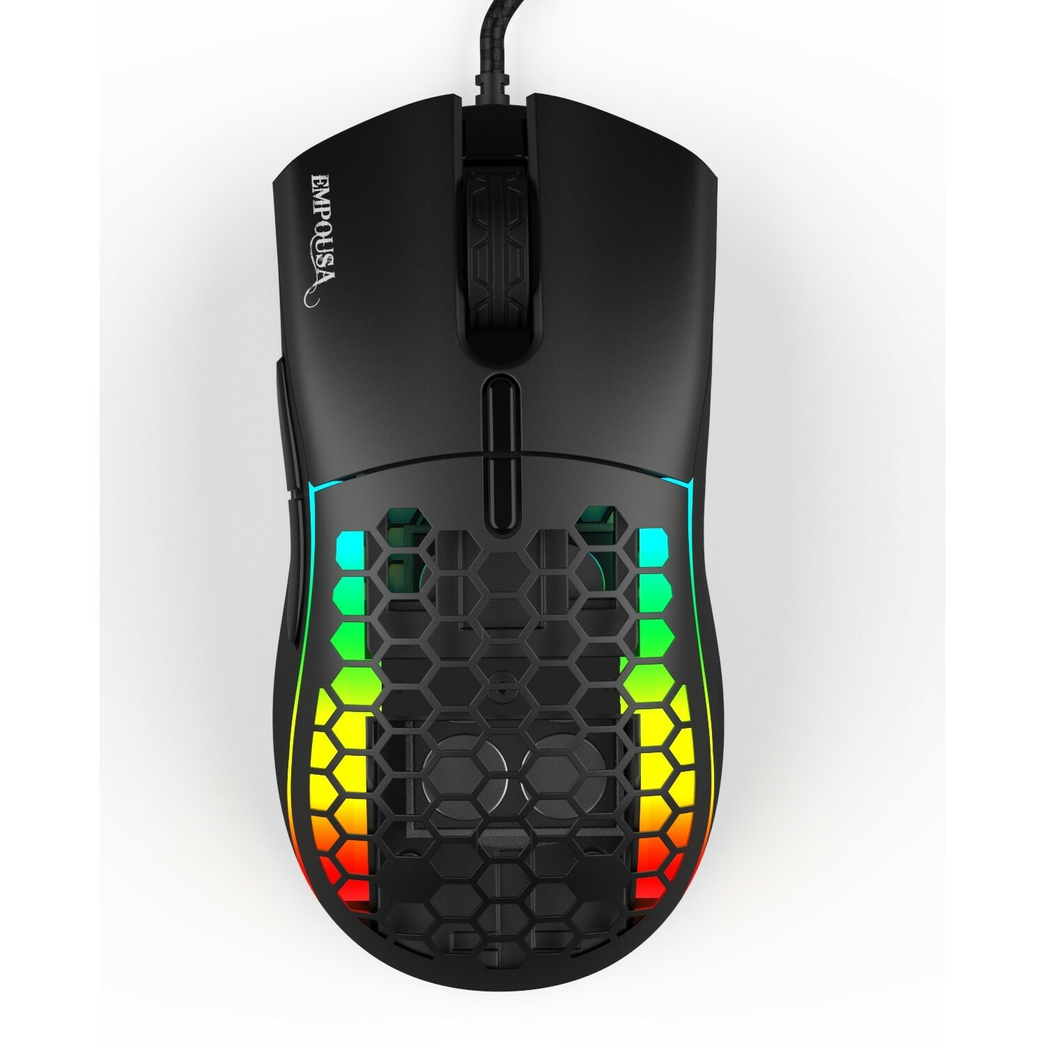 Schwarze Gaming-Maus mit RGB-Beleuchtung und Wabenmuster.