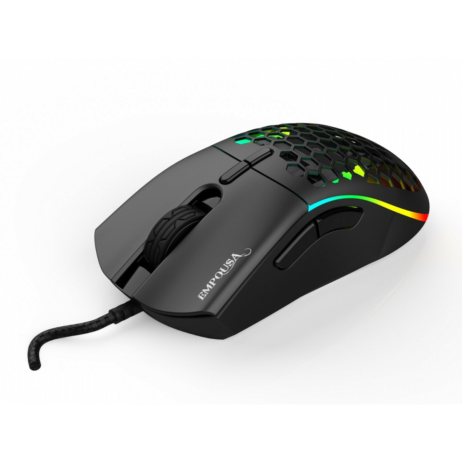Eine schwarze Gaming-Maus mit Wabenmuster und bunten Lichtern.