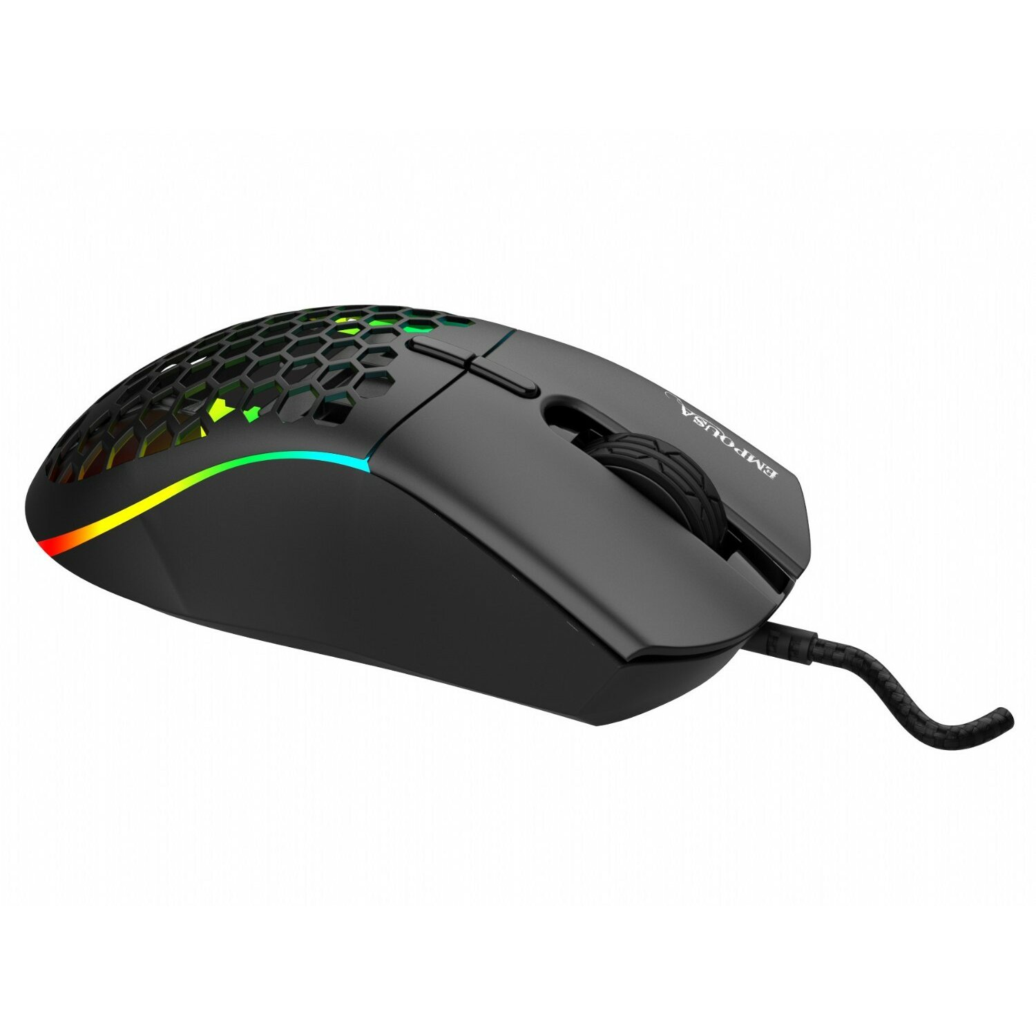 Schwarze Gaming-Maus mit Wabenmuster und Regenbogen-LED-Kante. Kabelgebunden.