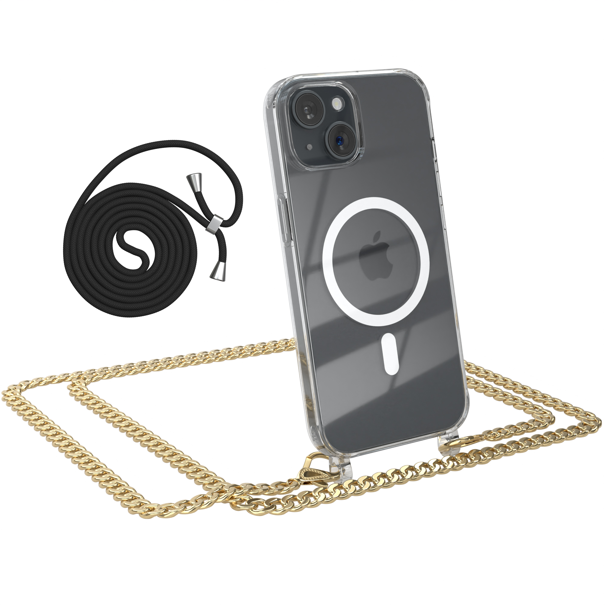 Transparente Handyhülle mit goldener Kette und schwarzem Kordel. Die Hülle hat einen weißen Kreis.