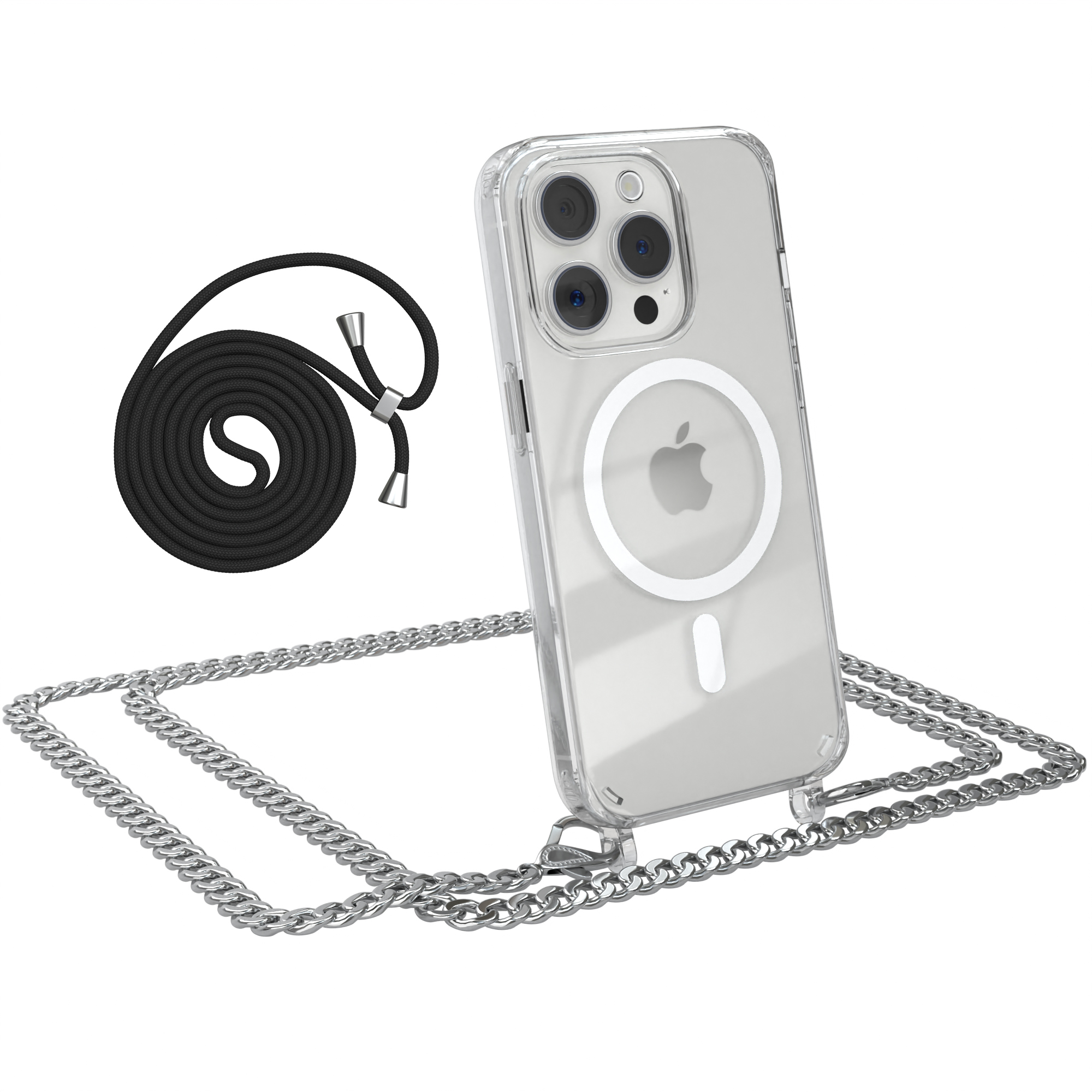 Transparente Handyhülle mit schwarzem Seil und silberner Kette. Telefon zeigt Apple-Logo. Hülle hat MagSafe-Kreis.