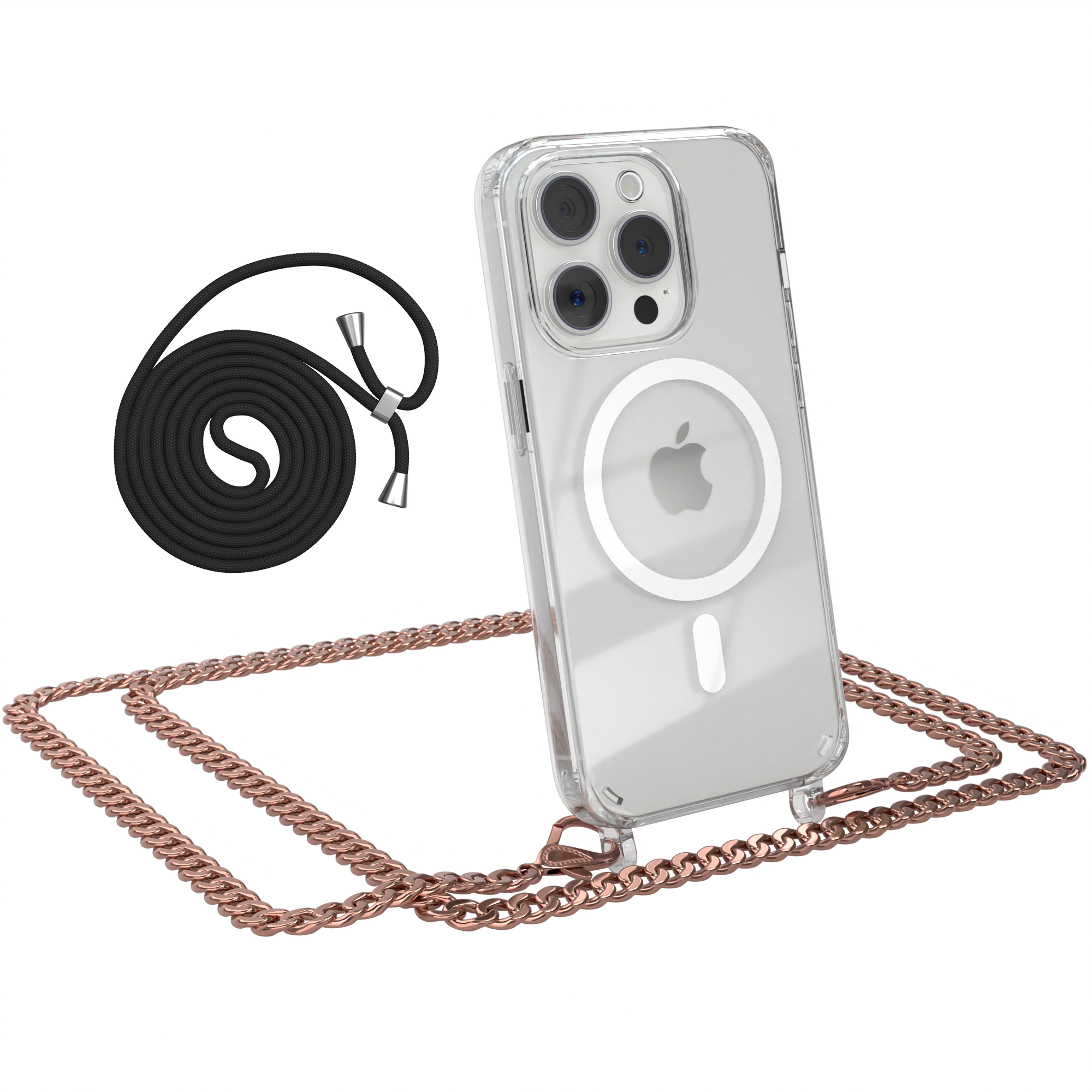 Transparente Handyhülle mit Kette und schwarzem Kordel. Das Telefon hat ein weißes Apple-Logo.