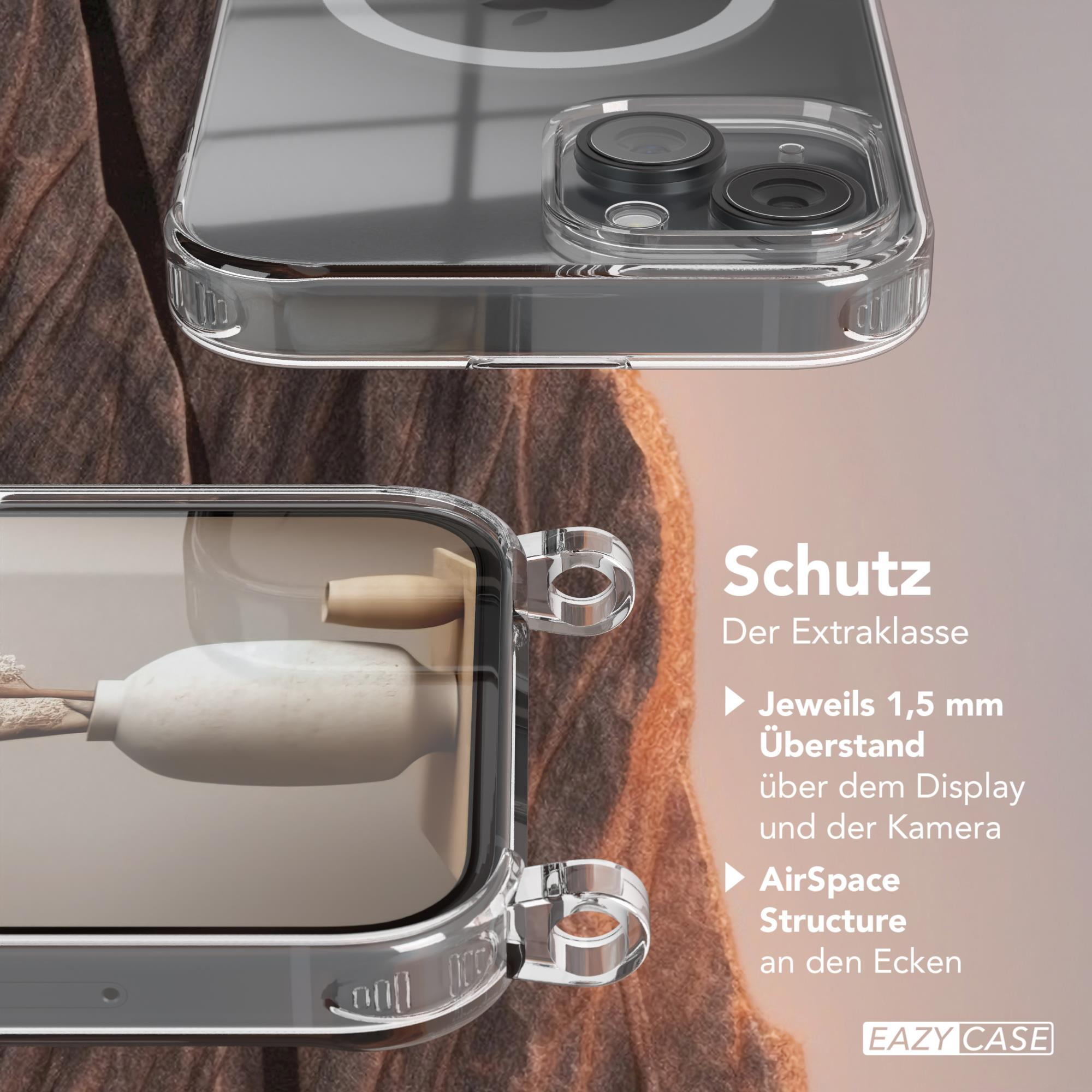 Transparente Handyhülle mit Telefon, Text über Schutz.