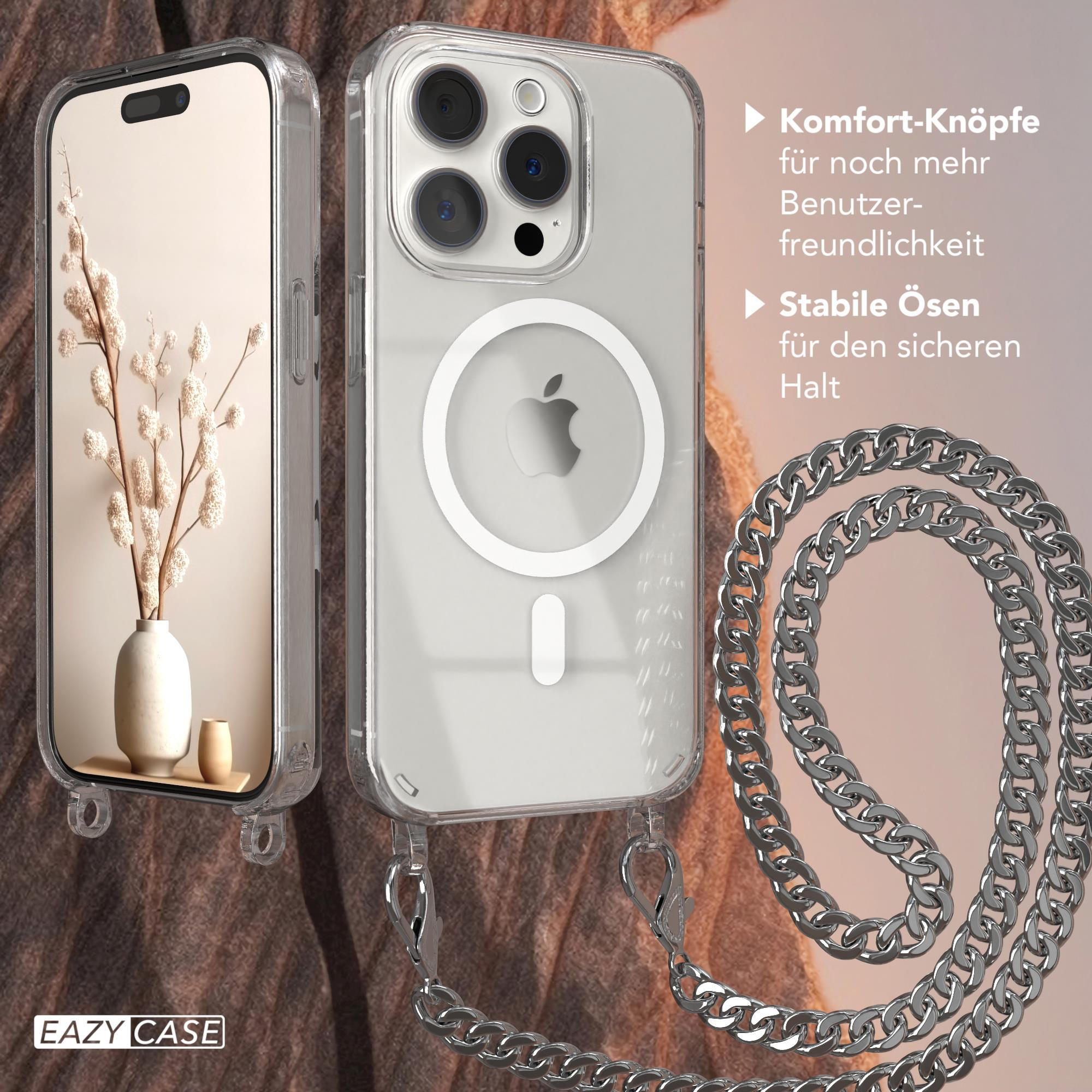 Ein Telefon in einer transparenten Hülle mit Kette. Text: Eazy Case. Details: Komforttasten, stabile Ösen für sicheren Halt.