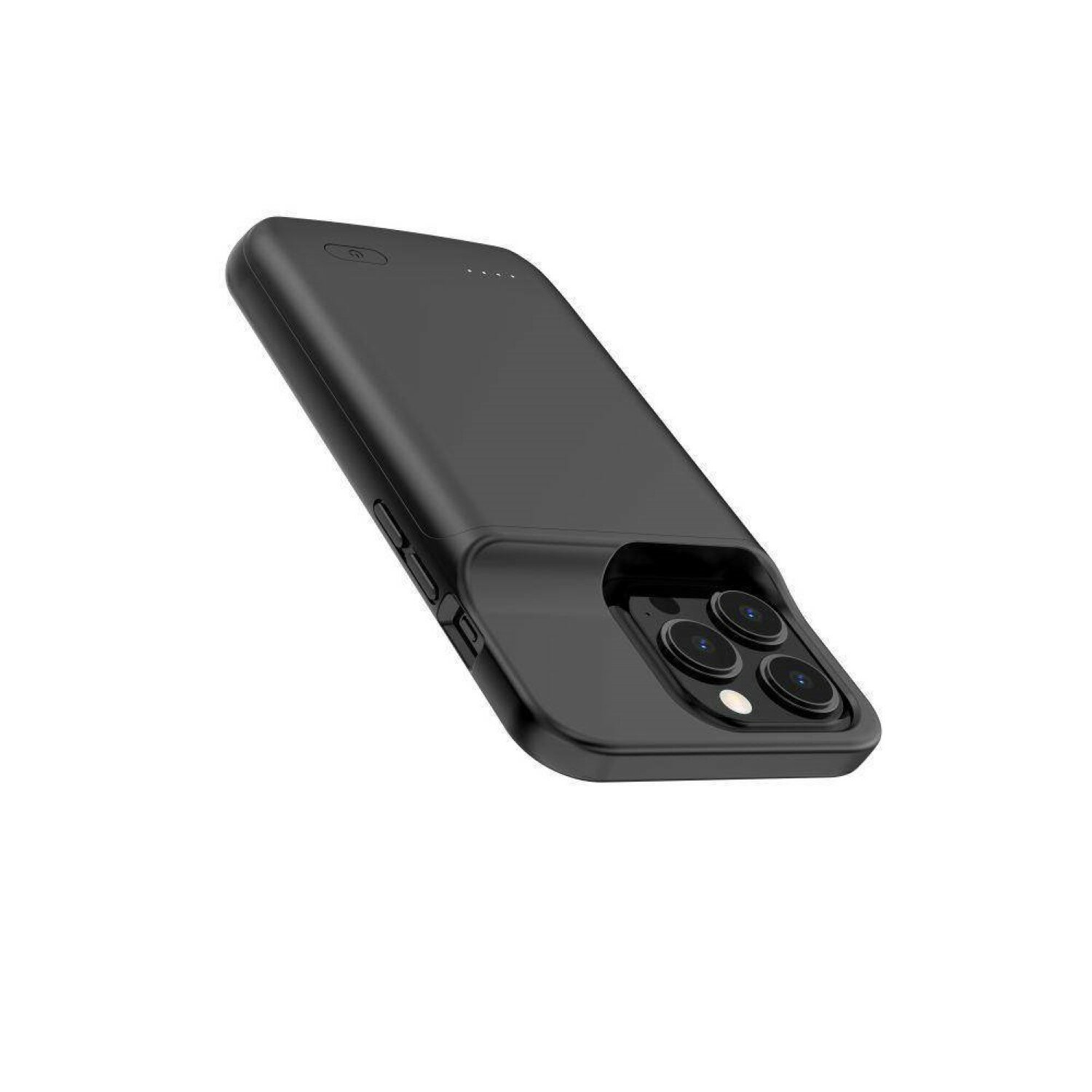 Una custodia per telefono nera con tre lenti della fotocamera. È leggermente angolata.