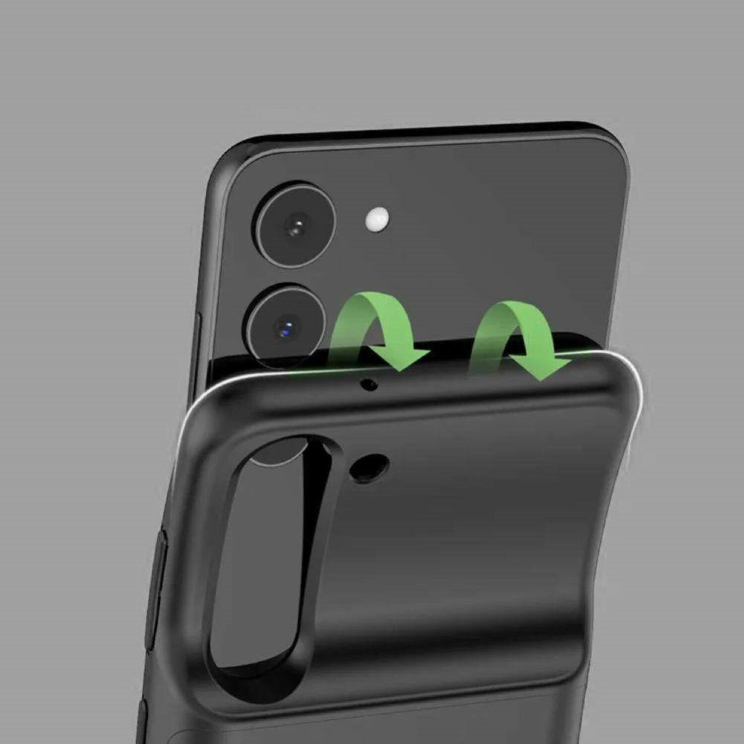 Telefono nero con custodia rimossa, con frecce che indicano il processo di rimozione.