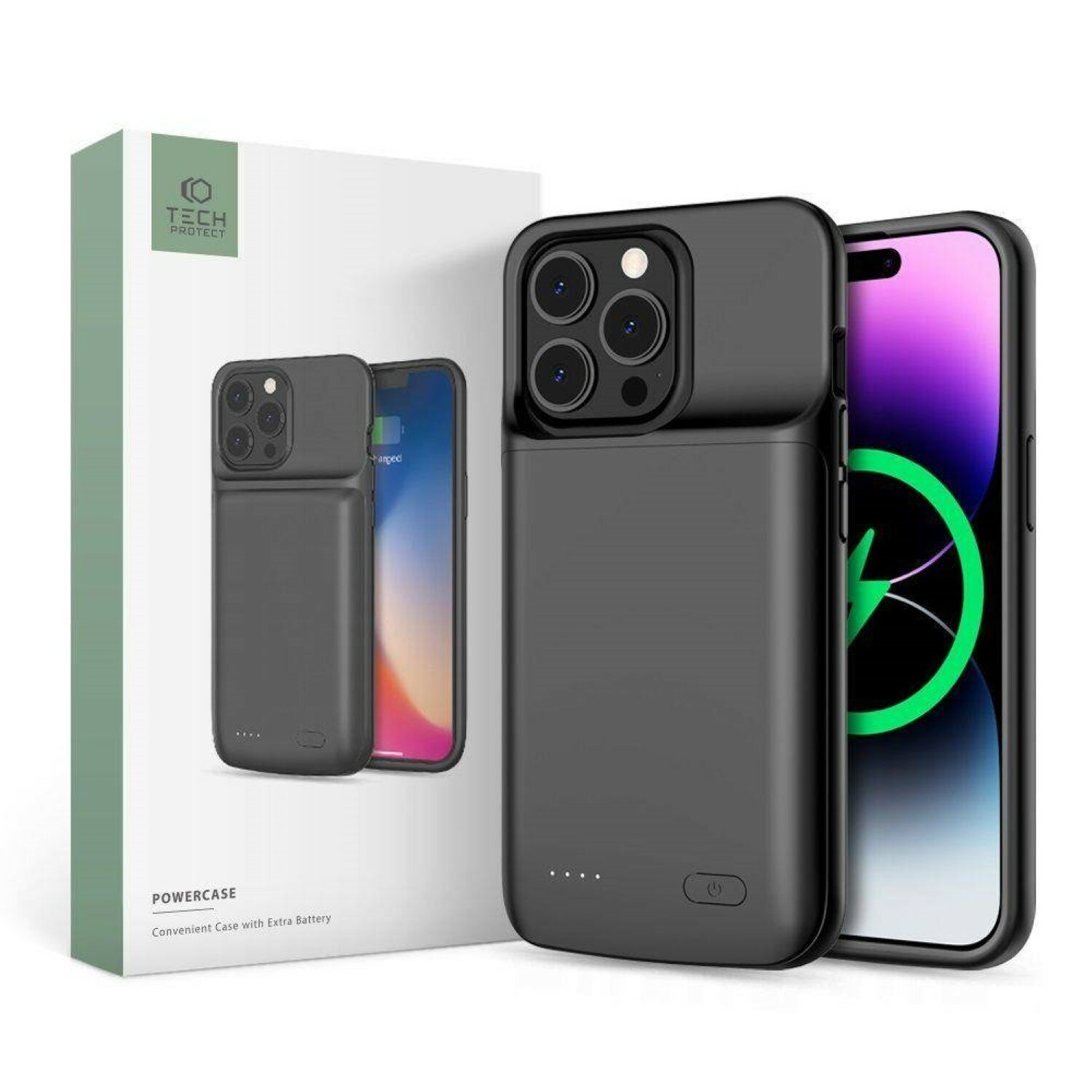 Custodia per telefono nera con batteria extra e una scatola.
