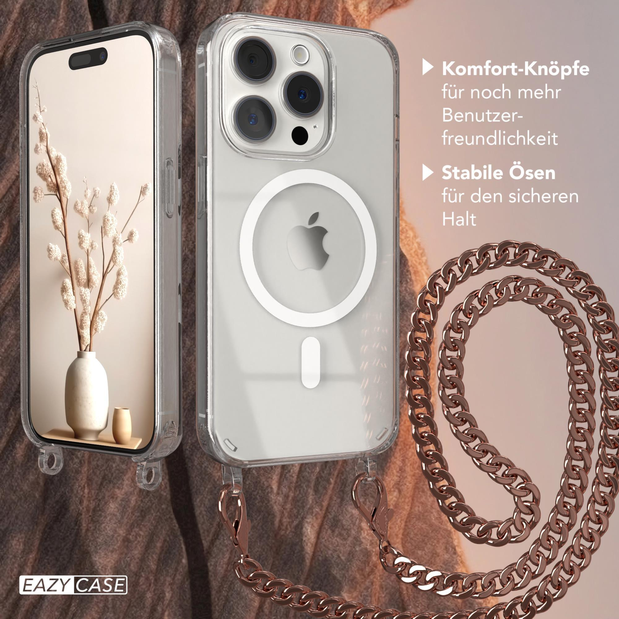 Transparente Handyhülle mit roségoldener Kette. Telefon sichtbar. Text: EAZY CASE. Merkmale hervorgehoben.