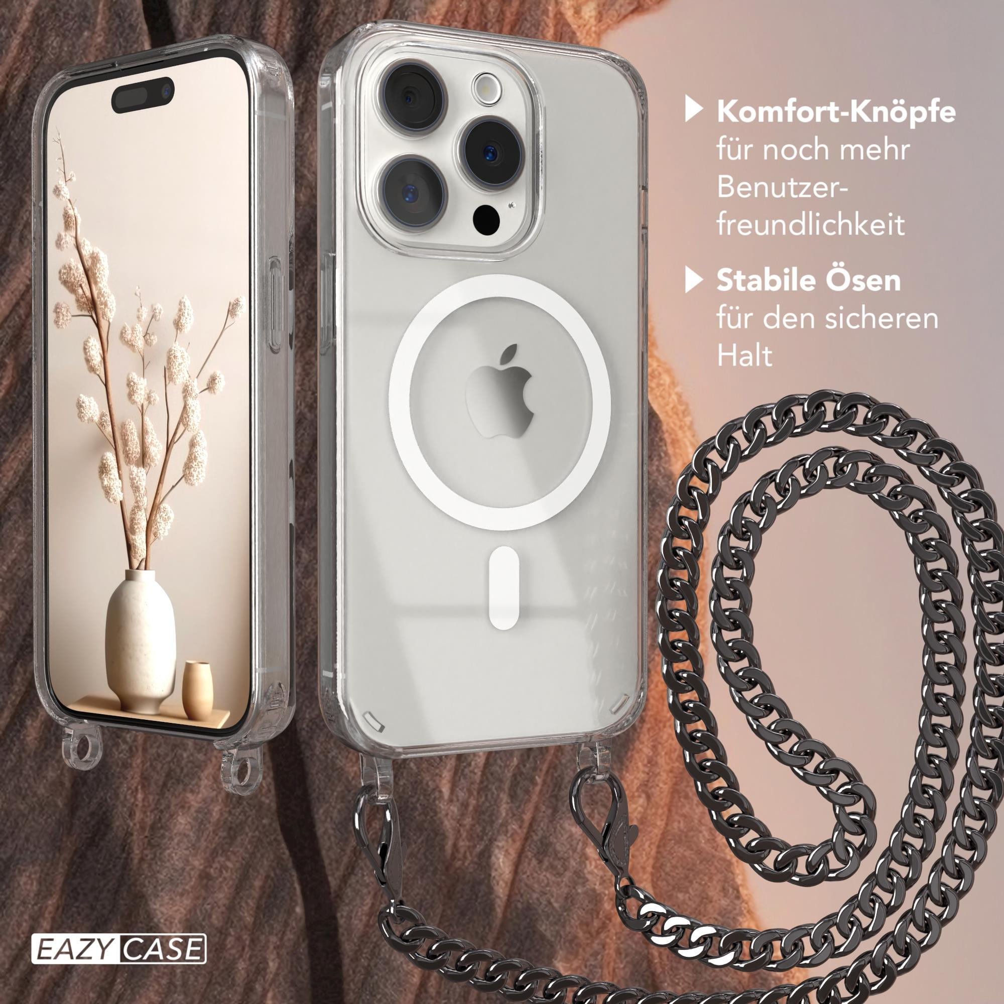 Transparente Handyhülle mit silberner Kette und einer weißen Vase mit Pflanzen darin.
