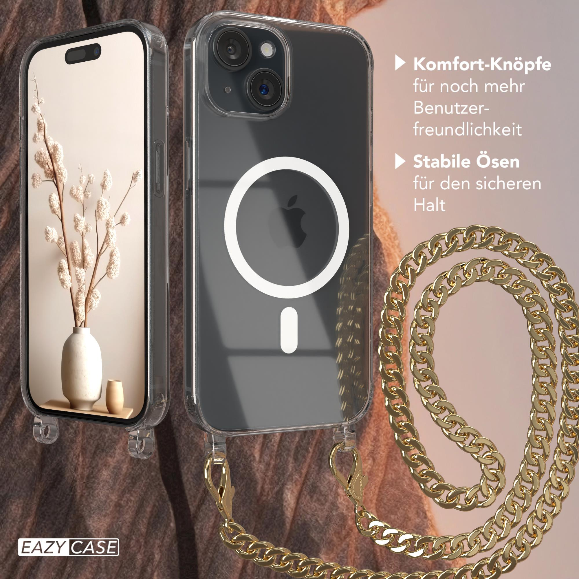 Eine Handyhülle mit einem Telefon darin. An der Hülle ist eine goldene Kette befestigt.