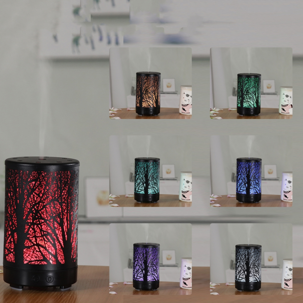 Aromatherapie-Diffusor mit Farbwechsel. Mehrere Diffusoren mit Baumdesign. Verschiedene Farben.