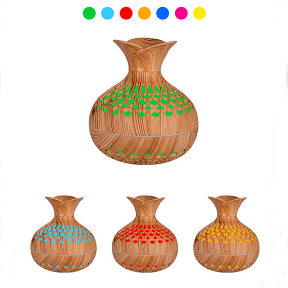 Ätherischer Öl-Diffusor aus Holz mit Farboptionen. Die Farben sind grün, blau, rot und gelb.