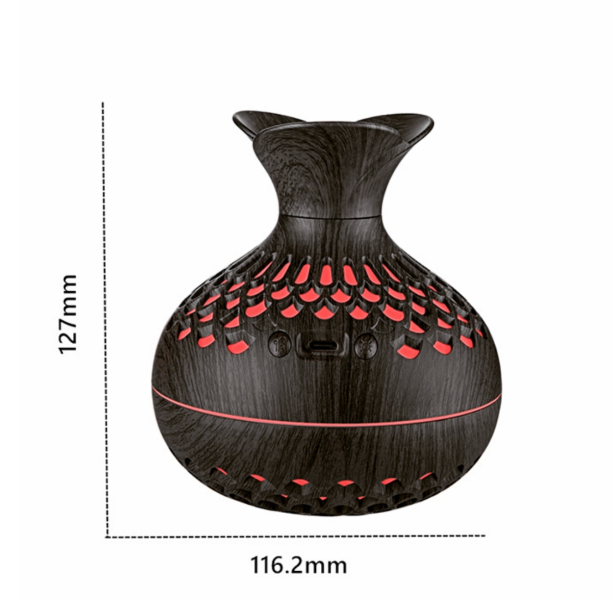 Dunkler Aroma-Diffusor aus Holz mit roten Lichtern und Maßangaben. Er ist vasenförmig.