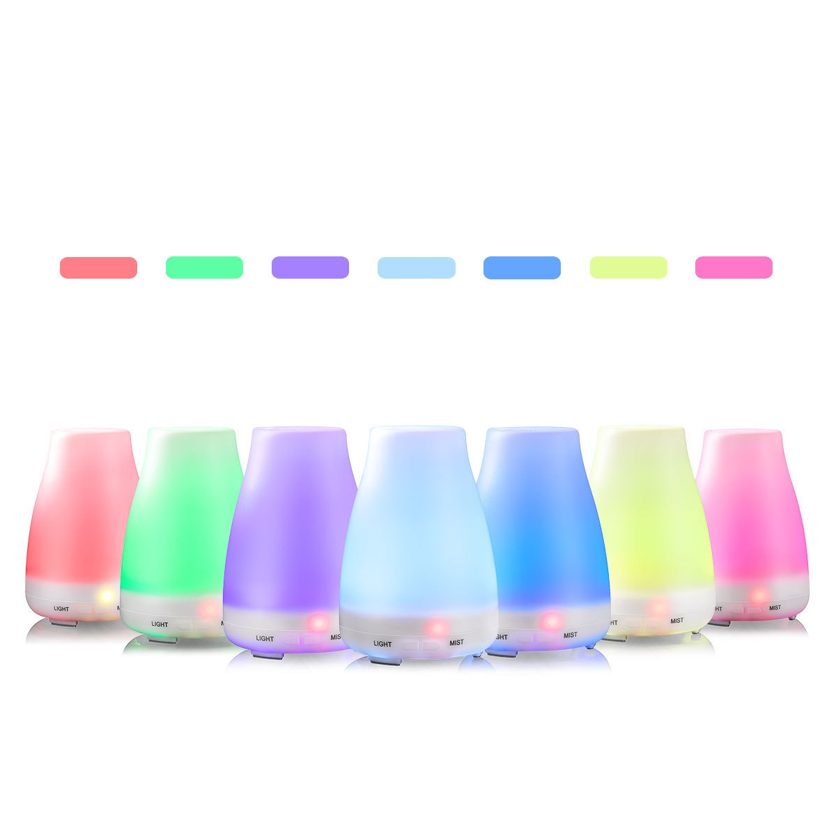 Diffusoren in verschiedenen Farben: rosa, grün, lila, blau, dunkelblau, gelb und rosa.