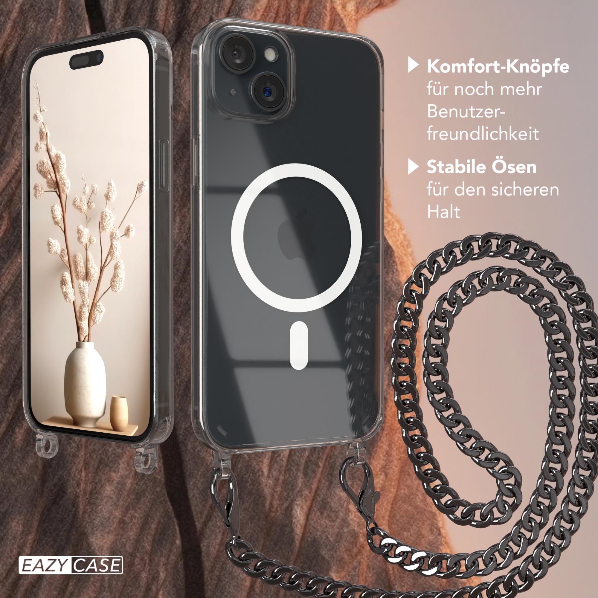 Ein Telefon in einer durchsichtigen Hülle mit Kette wird gezeigt. Ein zweites Telefon zeigt ein Blumengemälde. Die Hülle hat einen weißen Kreis.
