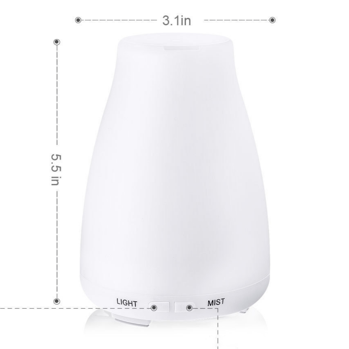 Weißer Diffusor für ätherische Öle mit den Abmessungen 3,1 Zoll und 5,5 Zoll, mit Knöpfen.