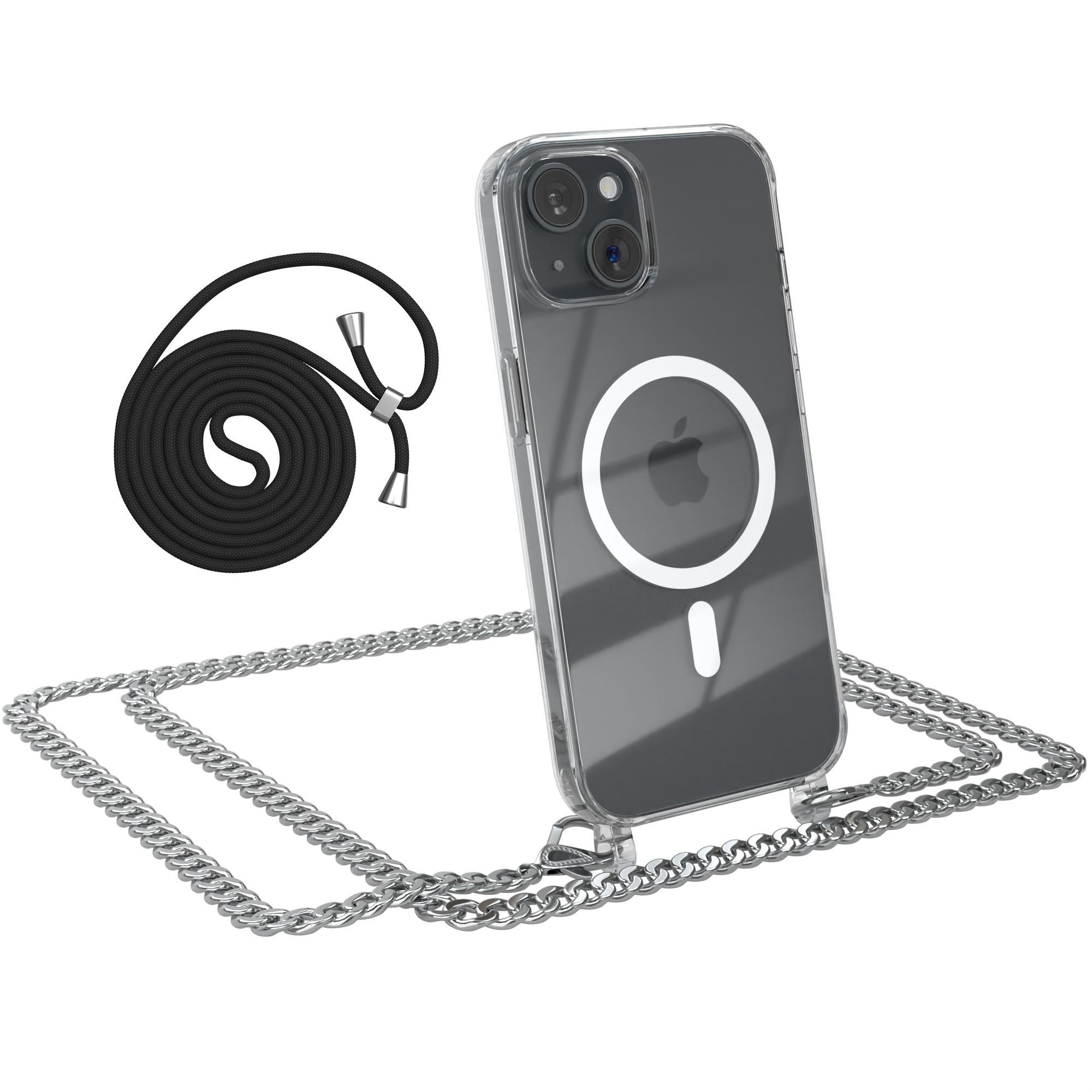 Eine transparente Handyhülle und ein schwarzes Schlüsselband mit einer Kette. Das Telefon hat ein Apple-Logo.