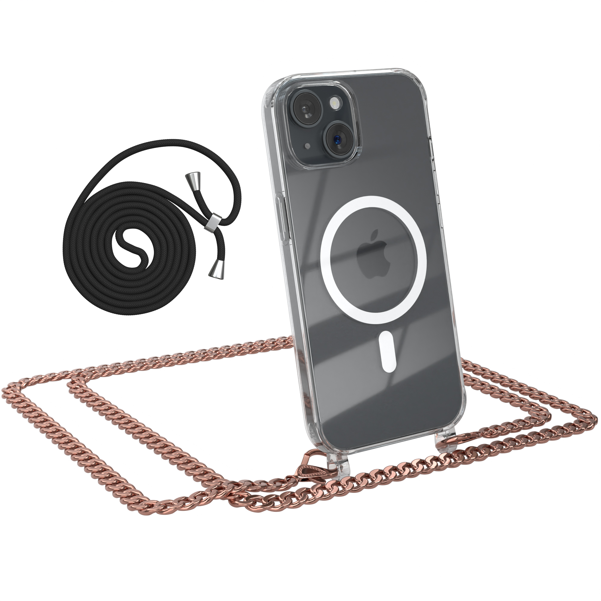Transparente Handyhülle mit roségoldener Kette. Ein schwarzes Kabel ist ebenfalls angebracht.