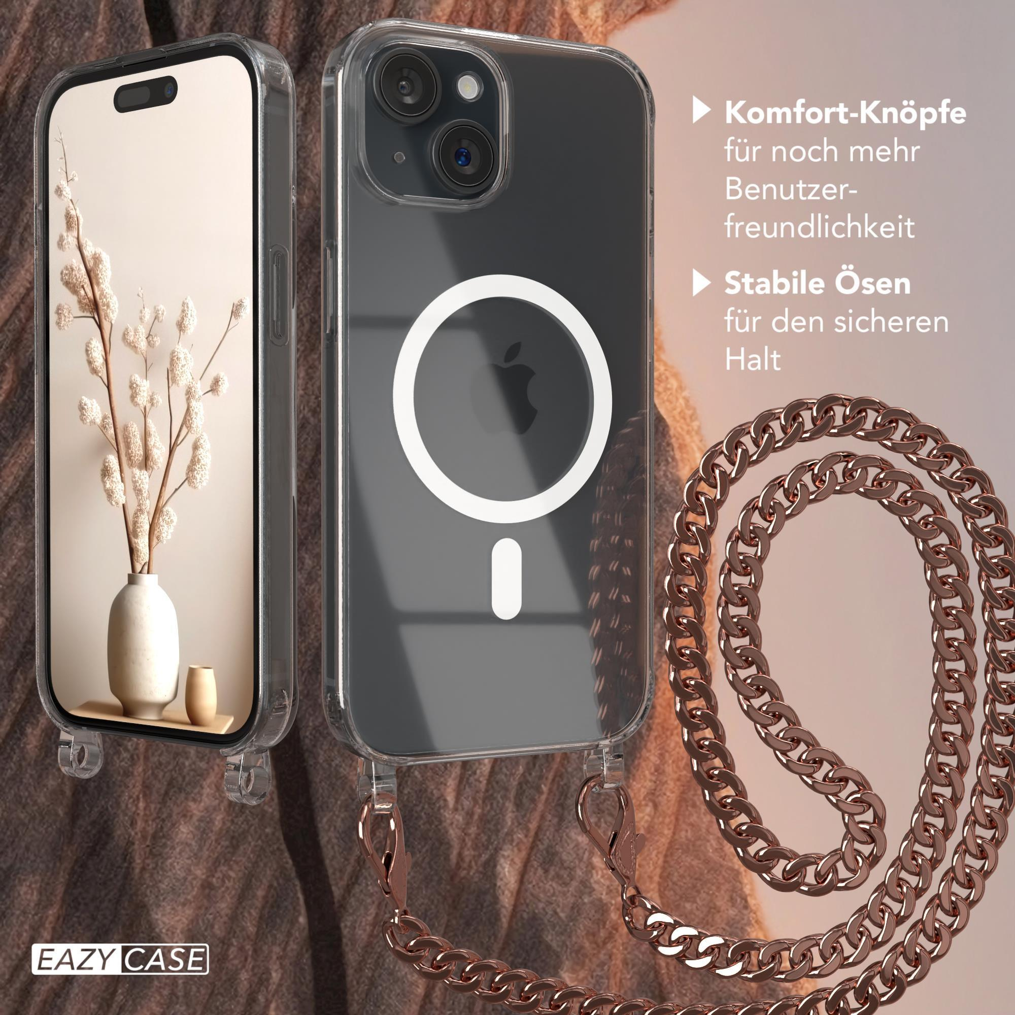 Handyhülle mit Telefon innen und Kette. Die Kette und das Telefon sind auf braunem Hintergrund.