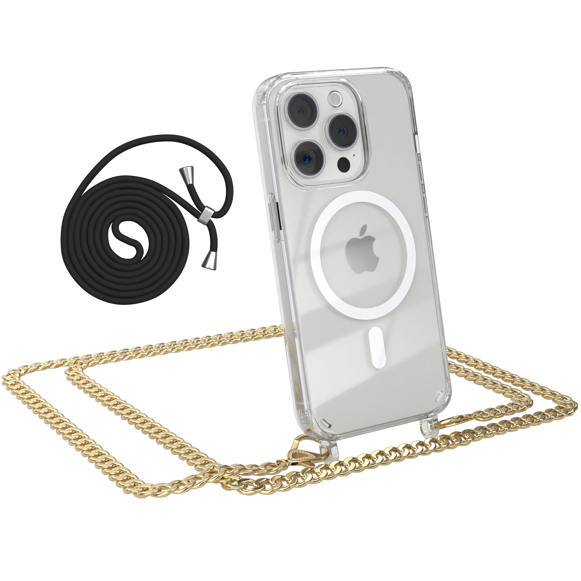 Transparente Handyhülle mit goldener Kette. Das Telefon hat das Apple-Logo und Kameras.