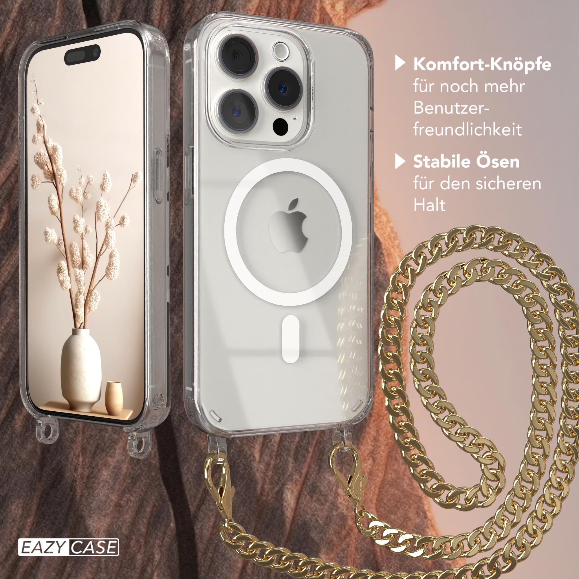 Eine Handyhülle mit Kette. Daneben eine Vase mit Blumen.