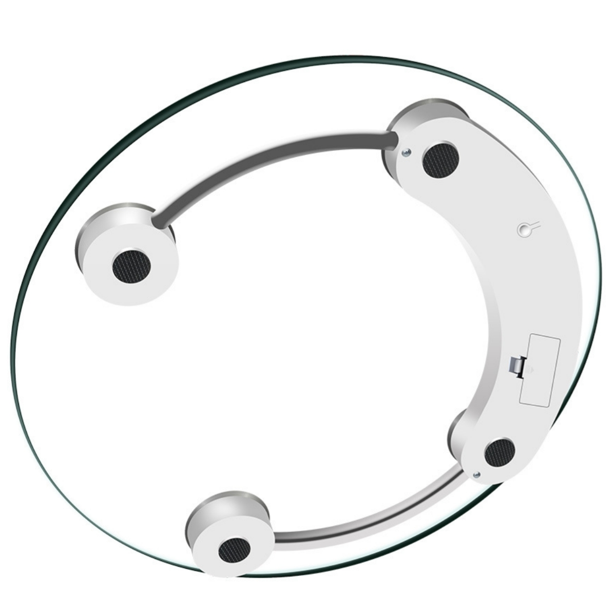 Eine Glasswaage mit weißer kreisförmiger Basis. Sie hat drei silberfarbene Stützstangen.