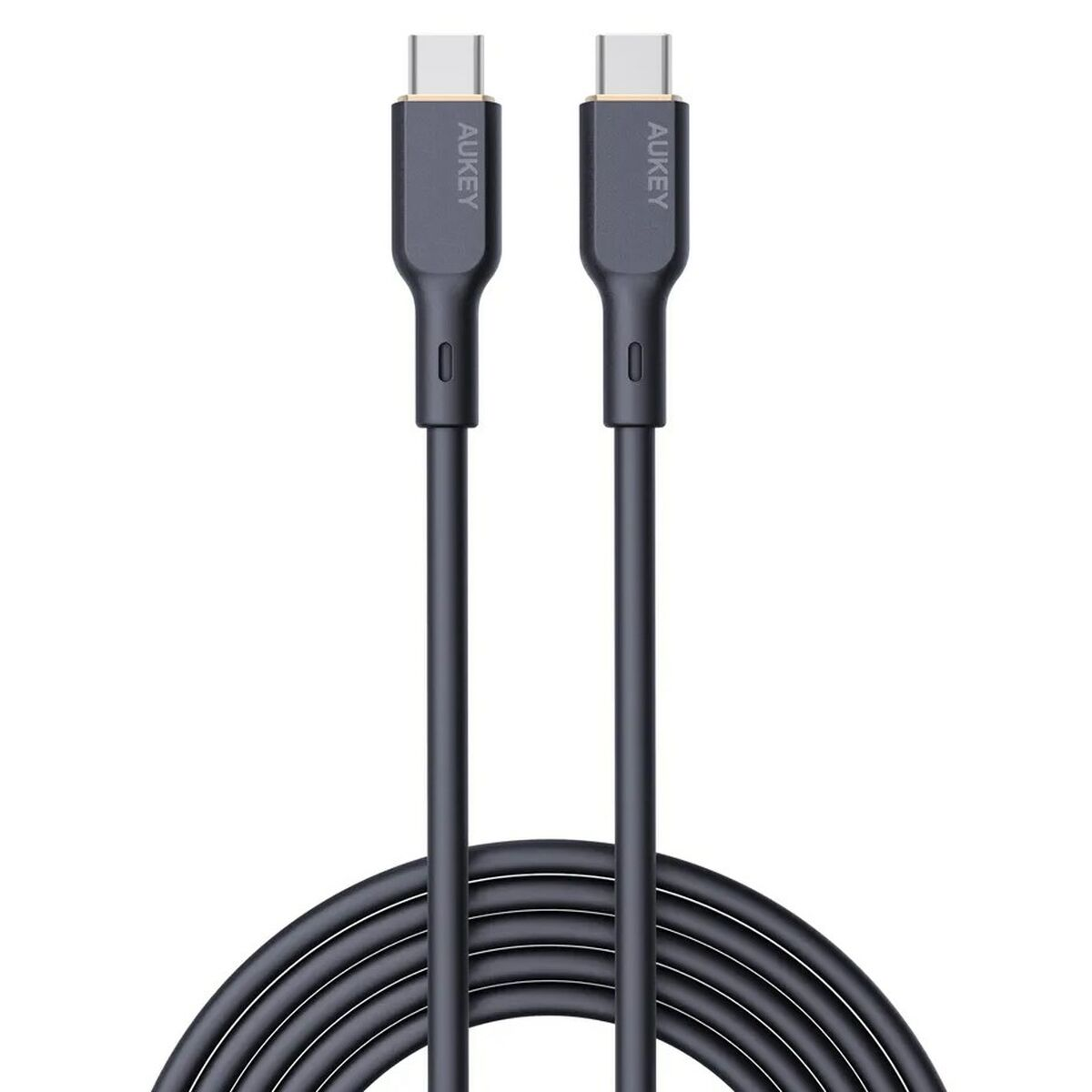 Dwa czarne kable USB-C AUKEY. Logo AUKEY jest widoczne na złączach. Kable są ciemnoszare.