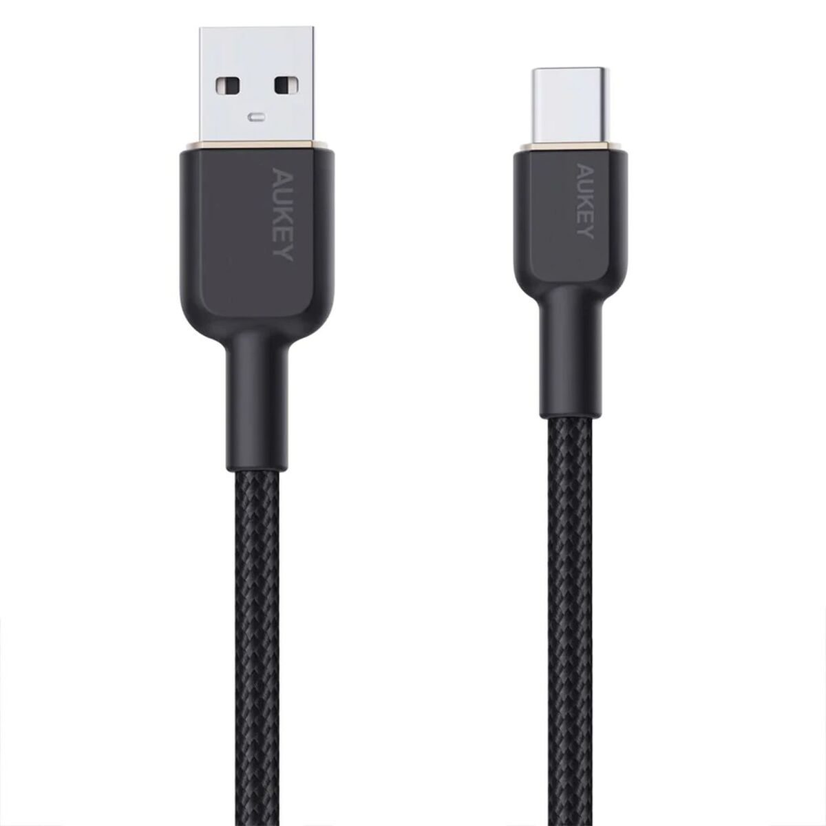 Dos cables USB negros, uno USB a USB-C, sobre un fondo claro.