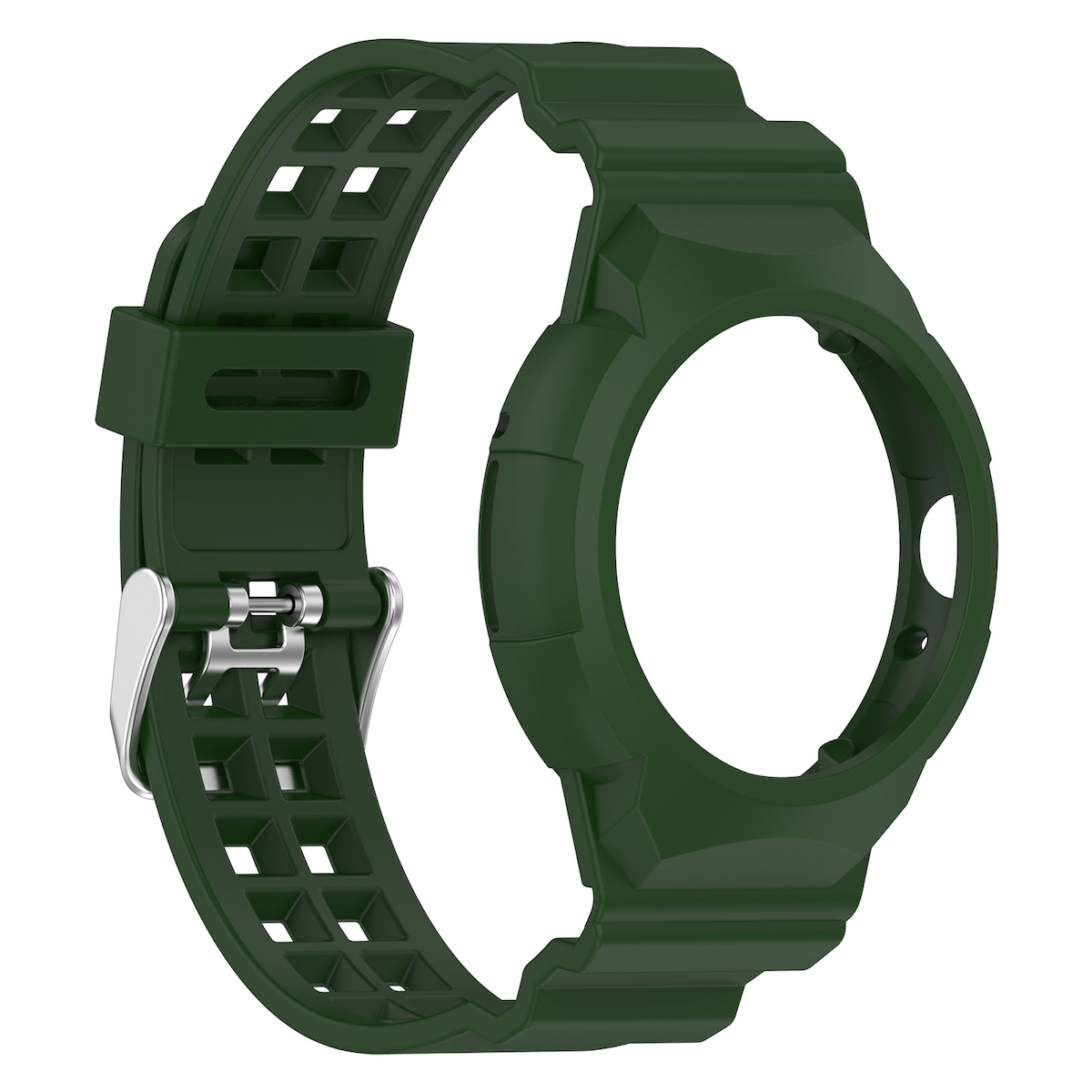 Ein dunkelgrünes Uhrenarmband und -gehäuse mit Schnalle, isoliert auf weiß.