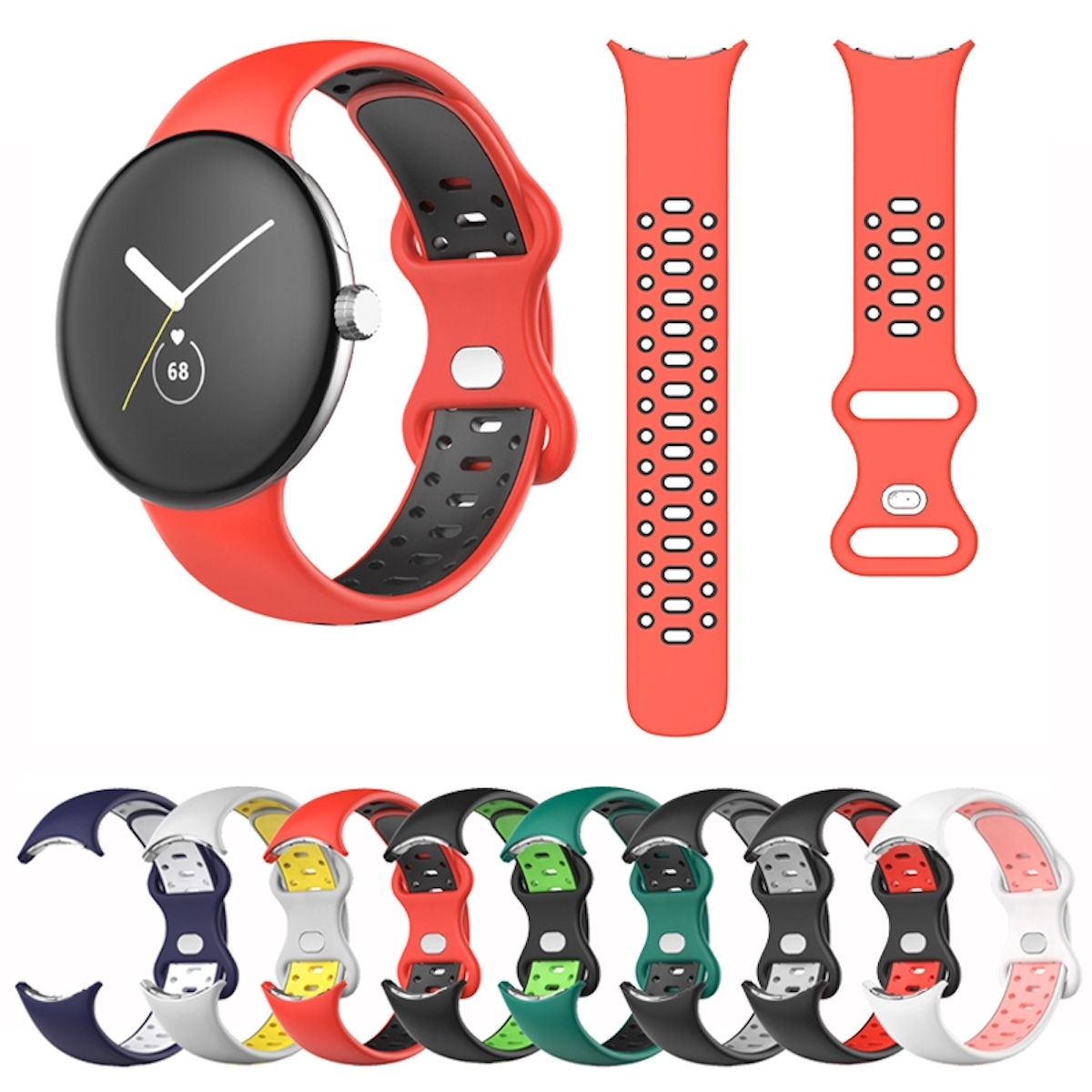Eine Smartwatch mit rotem Armband und andere farbige Armbänder zum Austauschen.