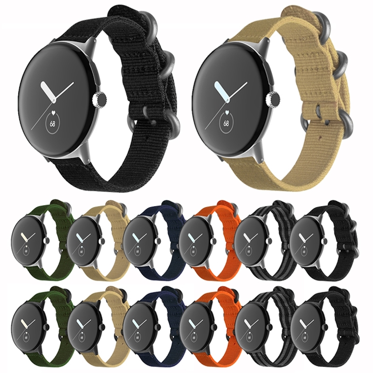 Mehrere Smartwatches mit unterschiedlich farbigen Armbändern. Jede hat einen schwarzen Bildschirm mit Uhrzeit.