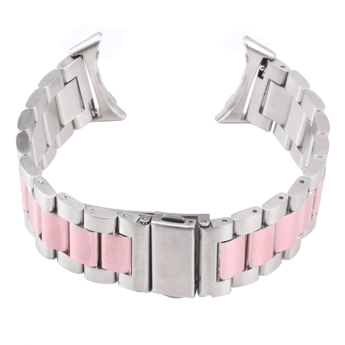 Ein Metall-Uhrenarmband mit rosafarbenen Gliedern und silberner Schließe, vor weißem Hintergrund.
