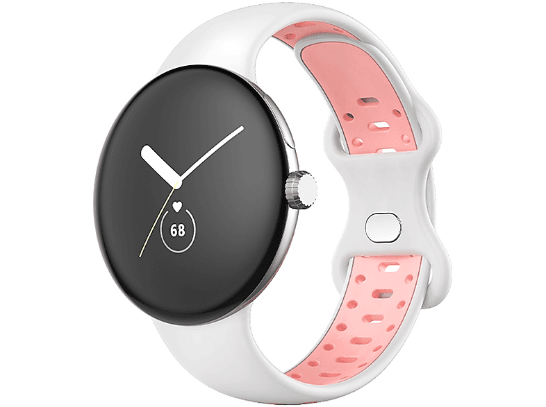 WIGENTO Kunststoff / Silikon Sport Band Größe M, Ersatzarmband, Google, Pixel Watch 1 + 2, Rosa / Weiß