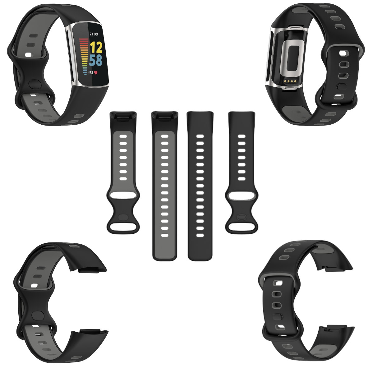 WIGENTO Kunststoff / Silikon Design Ersatzarmband, Schwarz / Band, Charge 6 Sport Fitbit, / Grau 5