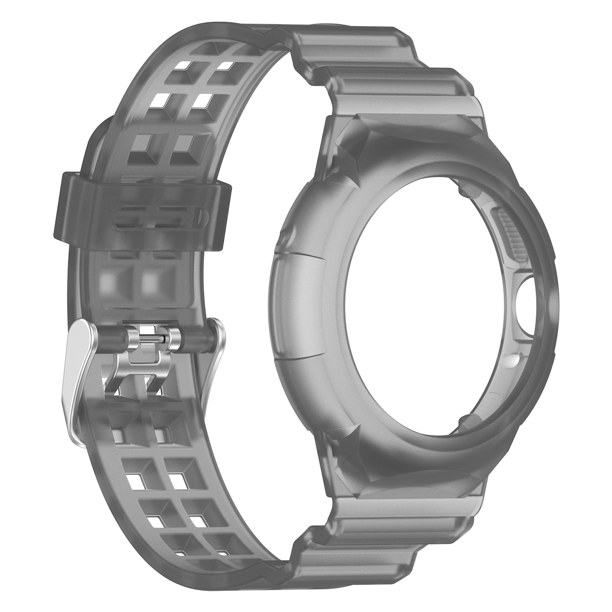 Transparenter grauer Uhrenarmband. Das Armband hat ein Lochdesign und eine Schnalle.